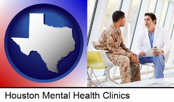 a doctor counseling a soldier at a mental health clinic in Houston, TX
