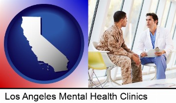 a doctor counseling a soldier at a mental health clinic in Los Angeles, CA