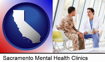 a doctor counseling a soldier at a mental health clinic in Sacramento, CA