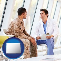 co map icon and a doctor counseling a soldier at a mental health clinic