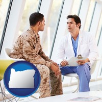 oregon map icon and a doctor counseling a soldier at a mental health clinic