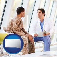 sd map icon and a doctor counseling a soldier at a mental health clinic