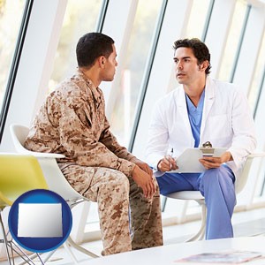 a doctor counseling a soldier at a mental health clinic - with Wyoming icon