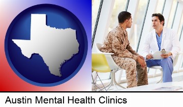 a doctor counseling a soldier at a mental health clinic in Austin, TX