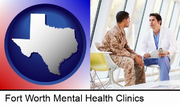 a doctor counseling a soldier at a mental health clinic in Fort Worth, TX