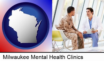 a doctor counseling a soldier at a mental health clinic in Milwaukee, WI