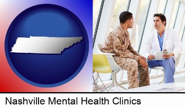 a doctor counseling a soldier at a mental health clinic in Nashville, TN